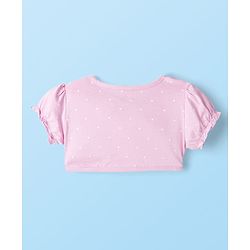 Babyhug Single Jersey Knit Half Sleeves Shrug with Frock with Heart Print Bow Applique & Sling Bag - Pink White & Light Blue