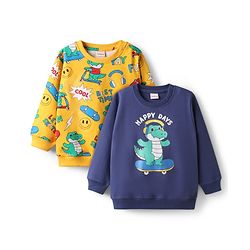 Babyhug Cotton Knit Full Sleeves Dino Printed Sweatshirts Pack of 2 - Navy Blue & Yellow