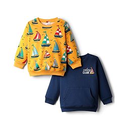 Babyhug Cotton Knit Full Sleeves Boat Printed Sweatshirts With Kangaroo Pockets Pack of 2 - Navy Blue & Yellow