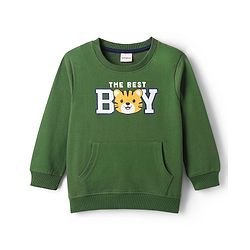 Babyhug Cotton Knit Full Sleeves Sweatshirt with Kangaroo Pockets Text Print & Animal Graphics - Green