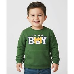 Babyhug Cotton Knit Full Sleeves Sweatshirt with Kangaroo Pockets Text Print & Animal Graphics - Green
