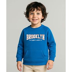 Babyhug Cotton Knit Full Raglan Sleeves Sweatshirt With Brooklyn Print & Kangaroo Pockets - Blue