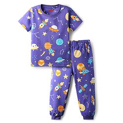 Babyhug Cotton Knit Half Sleeves Co-ords Night Suit With Space Theme Print - Purple