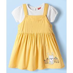 Babyhug 100% Cotton Half Sleeves Solid Coloured Inner Tee With Bunny Embroidered Frock - Yellow