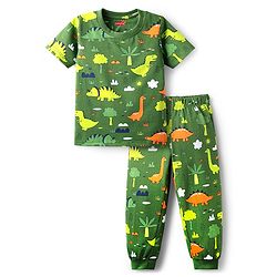 Babyhug Cotton Knit Half Sleeves  Co-ords Night Suit With Dino Print - Green
