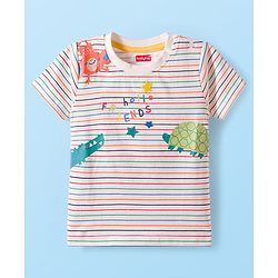 Babyhug Single Jersey Knit Half Sleeves Striped T-Shirt & Shorts Set with Animal Print - Red