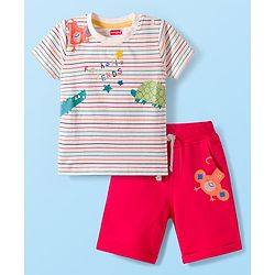 Babyhug Single Jersey Knit Half Sleeves Striped T-Shirt & Shorts Set with Animal Print - Red