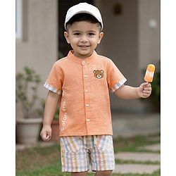 Babyhug 100% Cotton Woven Half Sleeves Mandarin Collar Bear Printed Shirt & Shorts Set With Checks - Peach