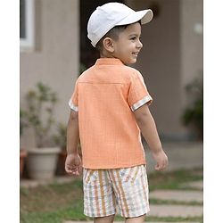Babyhug 100% Cotton Woven Half Sleeves Mandarin Collar Bear Printed Shirt & Shorts Set With Checks - Peach