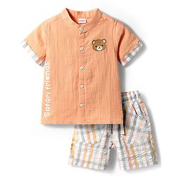 Babyhug 100% Cotton Woven Half Sleeves Mandarin Collar Bear Printed Shirt & Shorts Set With Checks - Peach