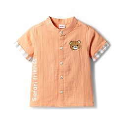 Babyhug 100% Cotton Woven Half Sleeves Mandarin Collar Bear Printed Shirt & Shorts Set With Checks - Peach