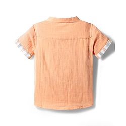 Babyhug 100% Cotton Woven Half Sleeves Mandarin Collar Bear Printed Shirt & Shorts Set With Checks - Peach