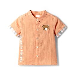 Babyhug 100% Cotton Woven Half Sleeves Mandarin Collar Bear Printed Shirt & Shorts Set With Checks - Peach