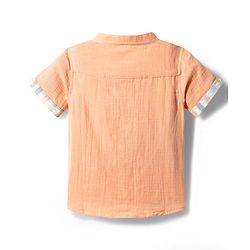Babyhug 100% Cotton Woven Half Sleeves Mandarin Collar Bear Printed Shirt & Shorts Set With Checks - Peach