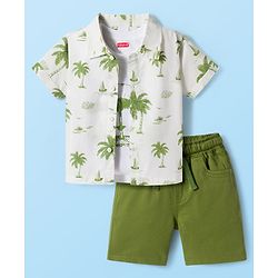 Babyhug Poplin Woven Half Sleeves Beach Theme Printed Shirt & Shorts Set with Inner Tee - Green & White