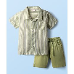 Babyhug Cotton Woven Half Sleeves Striped Shirt & Shorts Set - Green