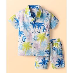 Babyhug Twill 100% Cotton Woven Half Sleeves Shirt & Shorts Co-Ord Set With Tropical Print - White