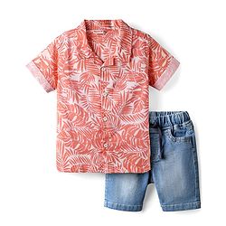 Babyhug Poplin Woven Half Sleeves Shirt & Denim Shorts Set With Leaf Print - Orange & Blue