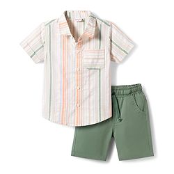 Babyhug Cotton Woven Half Sleeves Striped Shirt & Shorts Set - Green
