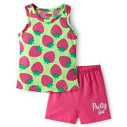 Babyhug 100% Cotton Knit Sleeveless Sando  & Shorts Set With Strawberry Print - Light Green & Pink