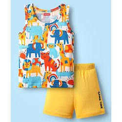 Babyhug 100% Cotton Single Jersey Knit Sleeveless Sando & Short Set With Animal Print - Yellow
