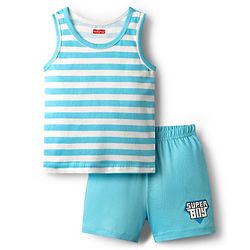 Babyhug 100% Cotton Single Jersey Knit Sleeveless Sando & Shorts Set With Stripes - Light Blue
