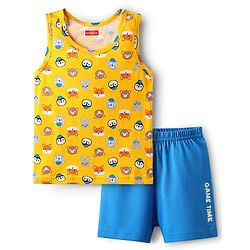 Babyhug 100% Cotton Knit Sleeveless Sando & Shorts Set with Animal Print- Yellow & Blue