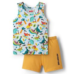 Babyhug 100% Cotton Sleeveless Vest With Dino Print & Shorts With Text Print -Multicolour