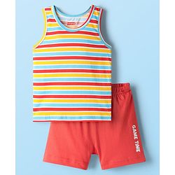 Babyhug 100% Cotton Sleeveless Striped Vests & Shorts With Text Print - Red & Yellow