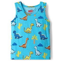 Babyhug 100% cotton Sleeveless Vests With Dino Print & Text Printed Shorts - Light Blue & Orange