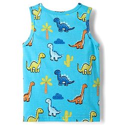 Babyhug 100% cotton Sleeveless Vests With Dino Print & Text Printed Shorts - Light Blue & Orange