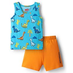 Babyhug 100% cotton Sleeveless Vests With Dino Print & Text Printed Shorts - Light Blue & Orange