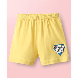 Babyhug 100% Cotton Knit Sleeveless Striped Sando & Shorts Set With Super Boy Print - Yellow
