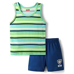 Babyhug 100% Cotton Sleeveless Sando & Shorts Set With Stripes - Green & Navy Blue