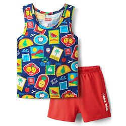Babyhug 100% Cotton Single Jersey Knit Sando & Shorts Set With Tropical Theme Print - Navy Blue & Red