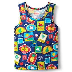 Babyhug 100% Cotton Single Jersey Knit Sando & Shorts Set With Tropical Theme Print - Navy Blue & Red