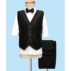 Babyhug Knitted Full Sleeves Textured Party Suit with Waistcoat Shirt Pant & Bow - Black & White