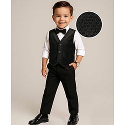 Babyhug Knitted Full Sleeves Textured Party Suit with Waistcoat Shirt Pant & Bow - Black & White