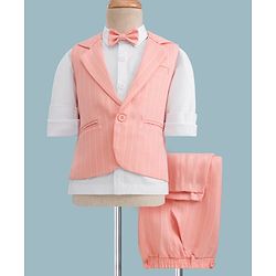 Babyhug Woven Full Sleeves Striped Three Piece Party Suit with Bow - Peach