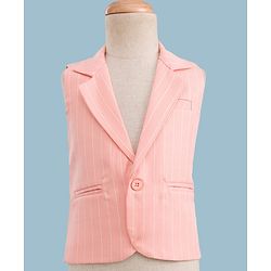 Babyhug Woven Full Sleeves Striped Three Piece Party Suit with Bow - Peach