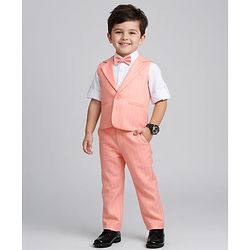 Babyhug Woven Full Sleeves Striped Three Piece Party Suit with Bow - Peach