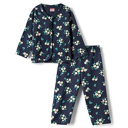 Babyhug Single Jersey Knit Full Sleeves Co-ord Top & Lounge Pant Set with Floral Print - Navy Blue