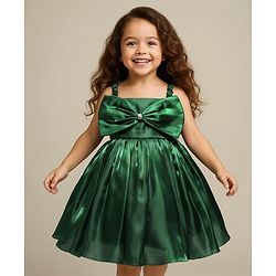 Babyhug Woven Sleeveless Fit & Flare Solid Party Dress with Bow Applique - Bottle Green