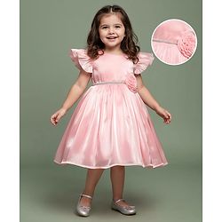 Babyhug Woven Cap Frill Sleeves Fit & Flare Party Dress with Corsage Applique - Pink