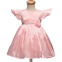 Babyhug Woven Cap Frill Sleeves Fit & Flare Party Dress with Corsage Applique - Pink