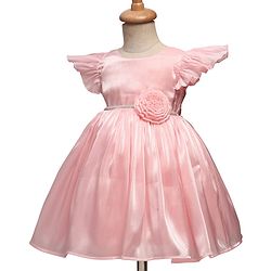 Babyhug Woven Cap Frill Sleeves Fit & Flare Party Dress with Corsage Applique - Pink