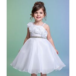 Babyhug Glass Nylon 5 Layers Sleeveless Party Dress With Floral Corsage & Embellished Waist Belt Detailing & Cotton Lining - White