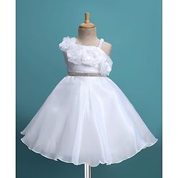 Babyhug Glass Nylon 5 Layers Sleeveless Party Dress With Floral Corsage & Embellished Waist Belt Detailing & Cotton Lining - White