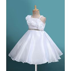 Babyhug Glass Nylon 5 Layers Sleeveless Party Dress With Floral Corsage & Embellished Waist Belt Detailing & Cotton Lining - White