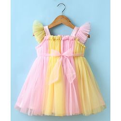 Babyhug Woven Frill Sleeves Mesh Party Dress with Booties Bow Applique & Sequin Detailing - Yellow